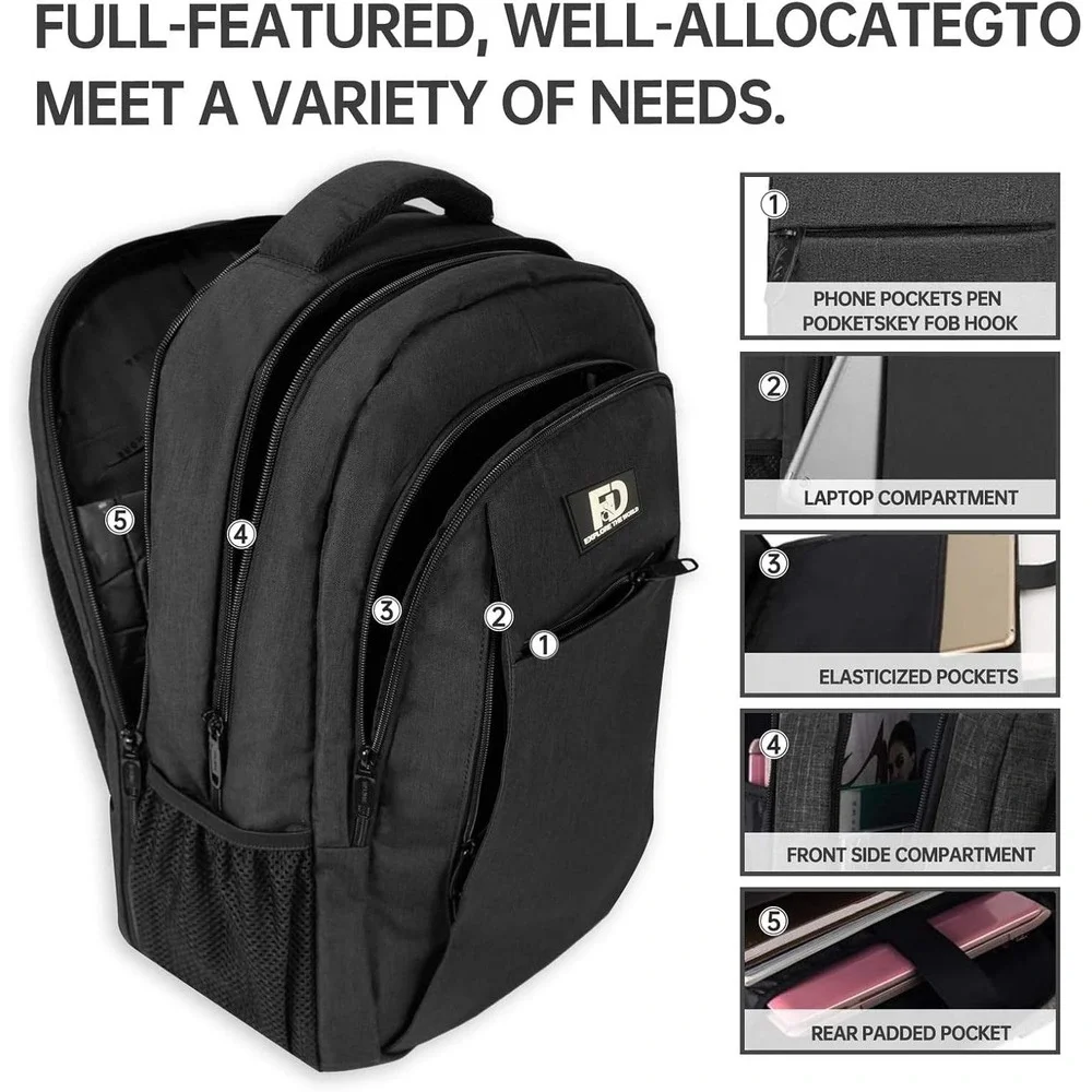 FD Explore The World Laptop Backpack Black Travel USB Charging Port 18 Inch Bag